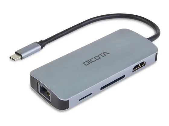 DICOTA USB-C 8-en-1 — hub 4K, Ethernet et lecteur de cartes — vue 1