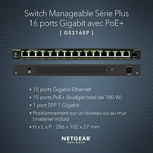 NETGEAR GS316EP — switch 16 ports Gigabit, 15 ports PoE+ 180 W — vue 2